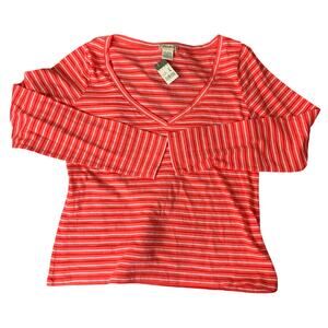 NWT NEW Eddie Bauer LARGE Womens Striped Long Sleeve V Neck Shirt Lobster